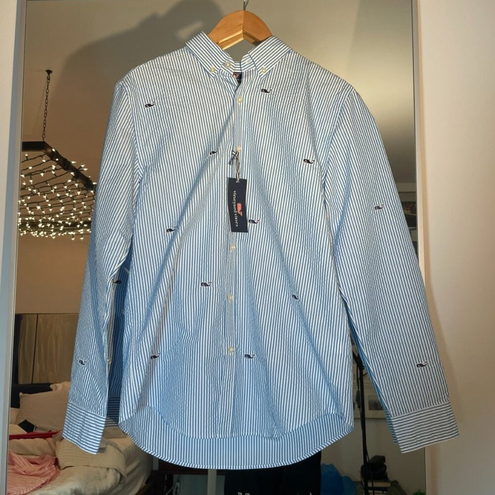 NWT Vineyard Vines Slim Fit Whale Shirt Seersucker Striped Azure Blue Size M